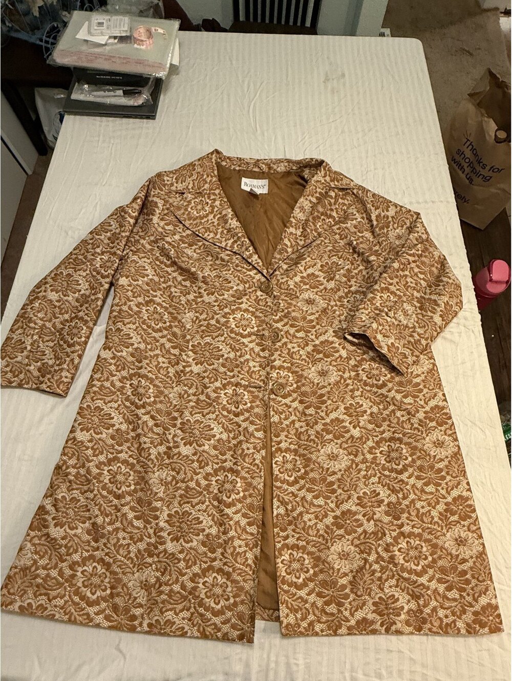 Roaman's Lace Print Long Coat Women's Plus 26W Tan Brown Lined Duster Jacket